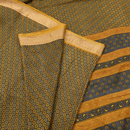 Vintage Sari Gray & Mustard Pure Silk Hand Woven Printed Saree Fabric 5yard Sewing Dress Designing for Crafting Quilting Upcycle Soft Border