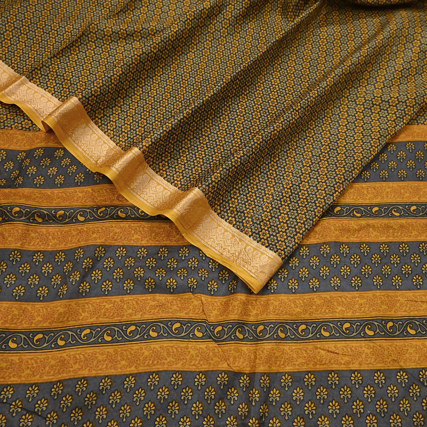 Vintage Sari Gray & Mustard Pure Silk Hand Woven Printed Saree Fabric 5yard Sewing Dress Designing for Crafting Quilting Upcycle Soft Border