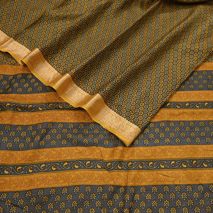 Vintage Sari Gray & Mustard Pure Silk Hand Woven Printed Saree Fabric 5yard Sewing Dress Designing for Crafting Quilting Upcycle Soft Border