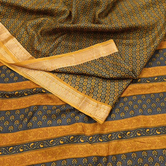 Vintage Sari Gray & Mustard Pure Silk Hand Woven Printed Saree Fabric 5yard Sewing Dress Designing for Crafting Quilting Upcycle Soft Border