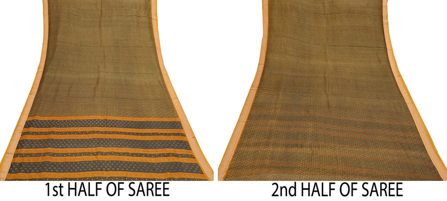 Vintage Sari Gray & Mustard Pure Silk Hand Woven Printed Saree Fabric 5yard Sewing Dress Designing for Crafting Quilting Upcycle Soft Border