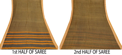 Vintage Sari Gray & Mustard Pure Silk Hand Woven Printed Saree Fabric 5yard Sewing Dress Designing for Crafting Quilting Upcycle Soft Border