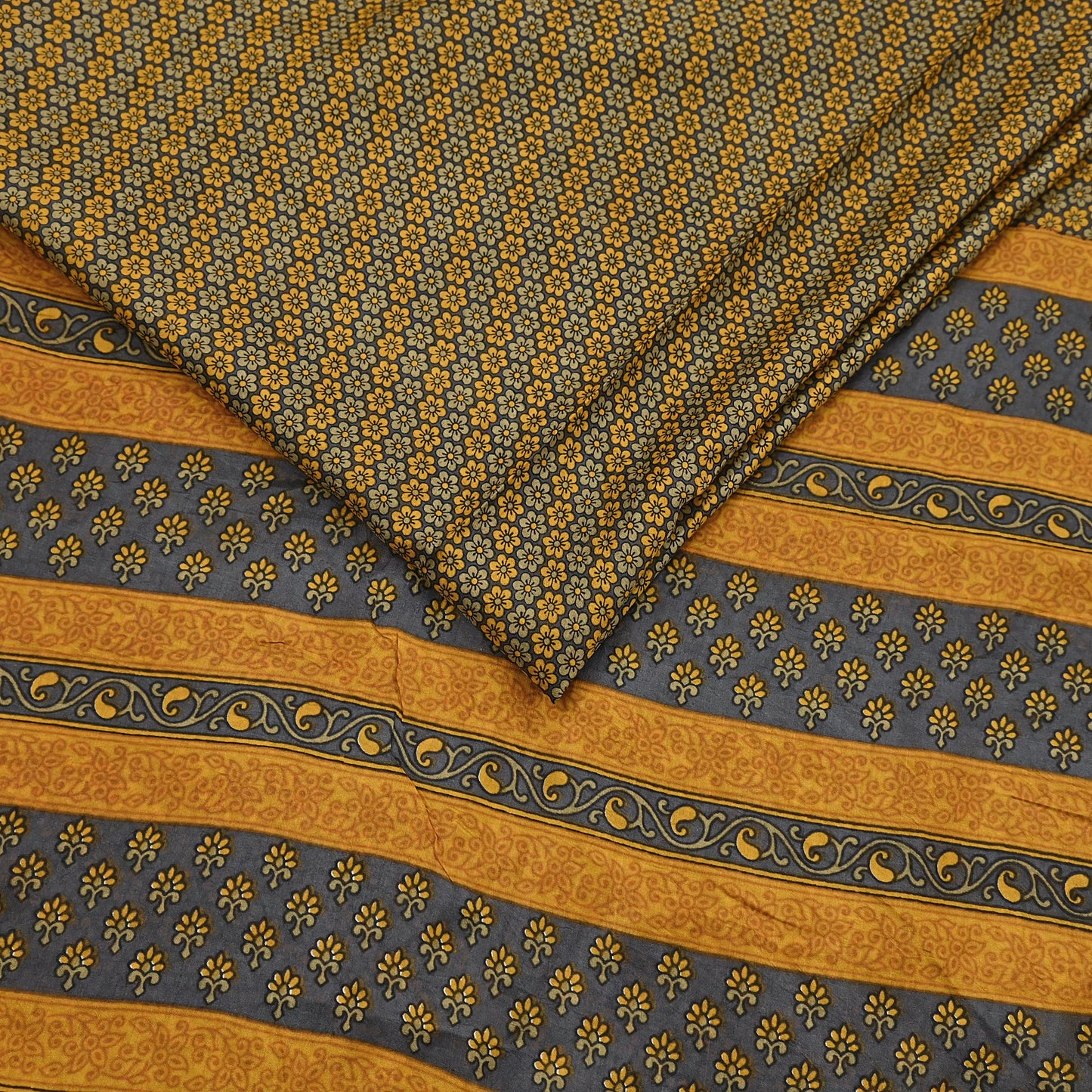 Vintage Sari Gray & Mustard Pure Silk Hand Woven Printed Saree Fabric 5yard Sewing Dress Designing for Crafting Quilting Upcycle Soft Border