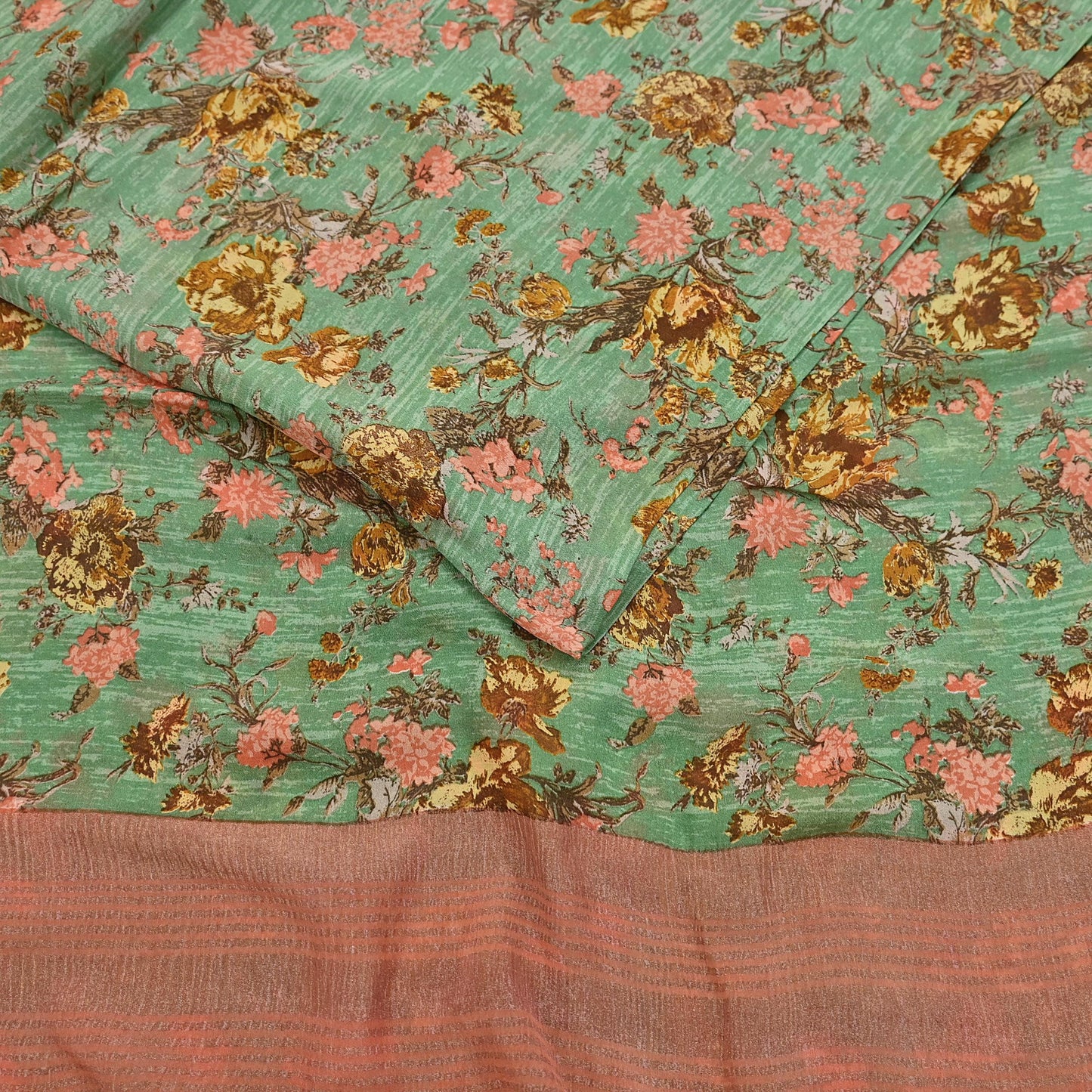 Indian Vintage Sari Green Pure Silk Printed Saree Craft Fabric 5yard Sewing DressMaking Soft Wrap Floral Zari Crafting Quilting Upcycle