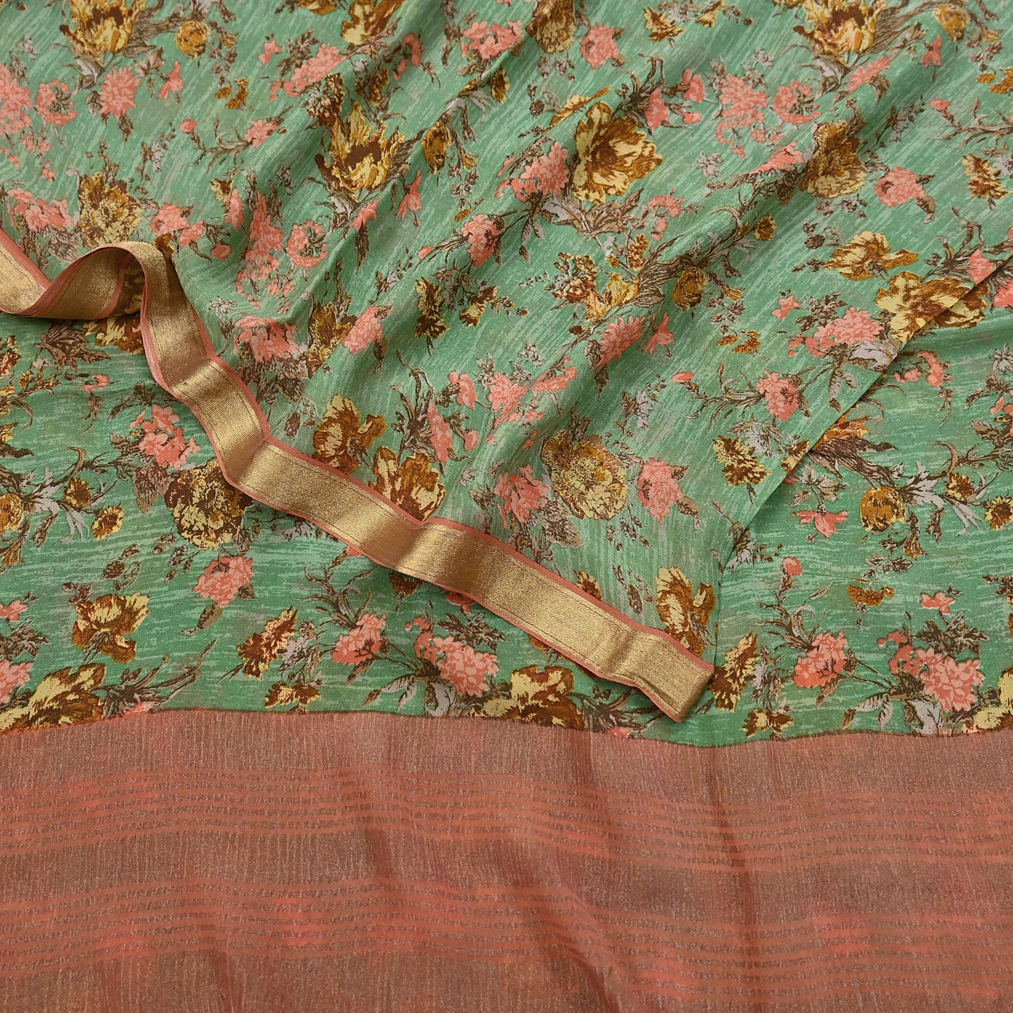 Indian Vintage Sari Green Pure Silk Printed Saree Craft Fabric 5yard Sewing DressMaking Soft Wrap Floral Zari Crafting Quilting Upcycle