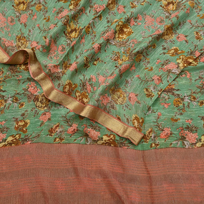Indian Vintage Sari Green Pure Silk Printed Saree Craft Fabric 5yard Sewing DressMaking Soft Wrap Floral Zari Crafting Quilting Upcycle