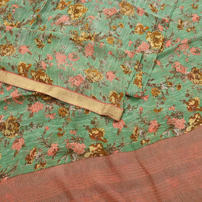 Indian Vintage Sari Green Pure Silk Printed Saree Craft Fabric 5yard Sewing DressMaking Soft Wrap Floral Zari Crafting Quilting Upcycle