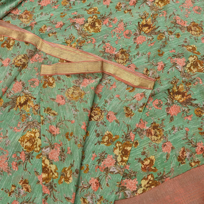 Indian Vintage Sari Green Pure Silk Printed Saree Craft Fabric 5yard Sewing DressMaking Soft Wrap Floral Zari Crafting Quilting Upcycle