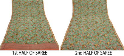 Indian Vintage Sari Green Pure Silk Printed Saree Craft Fabric 5yard Sewing DressMaking Soft Wrap Floral Zari Crafting Quilting Upcycle