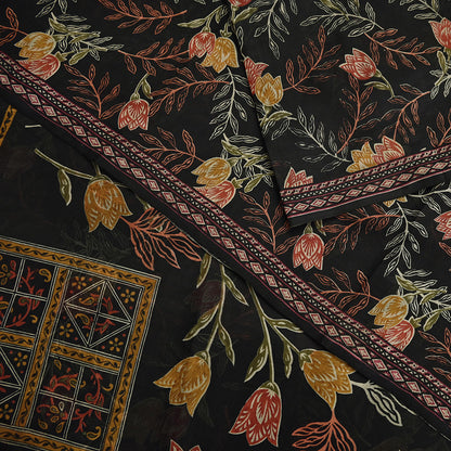 Indian Vintage Sari Black Printed Pure Silk Sarees Craft Fabric 5yd Sewing Floral Soft Dress Designing  for Crafting Quilting Upcycle Wrap