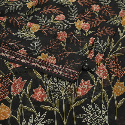 Indian Vintage Sari Black Printed Pure Silk Sarees Craft Fabric 5yd Sewing Floral Soft Dress Designing  for Crafting Quilting Upcycle Wrap