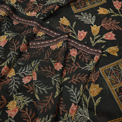 Indian Vintage Sari Black Printed Pure Silk Sarees Craft Fabric 5yd Sewing Floral Soft Dress Designing  for Crafting Quilting Upcycle Wrap