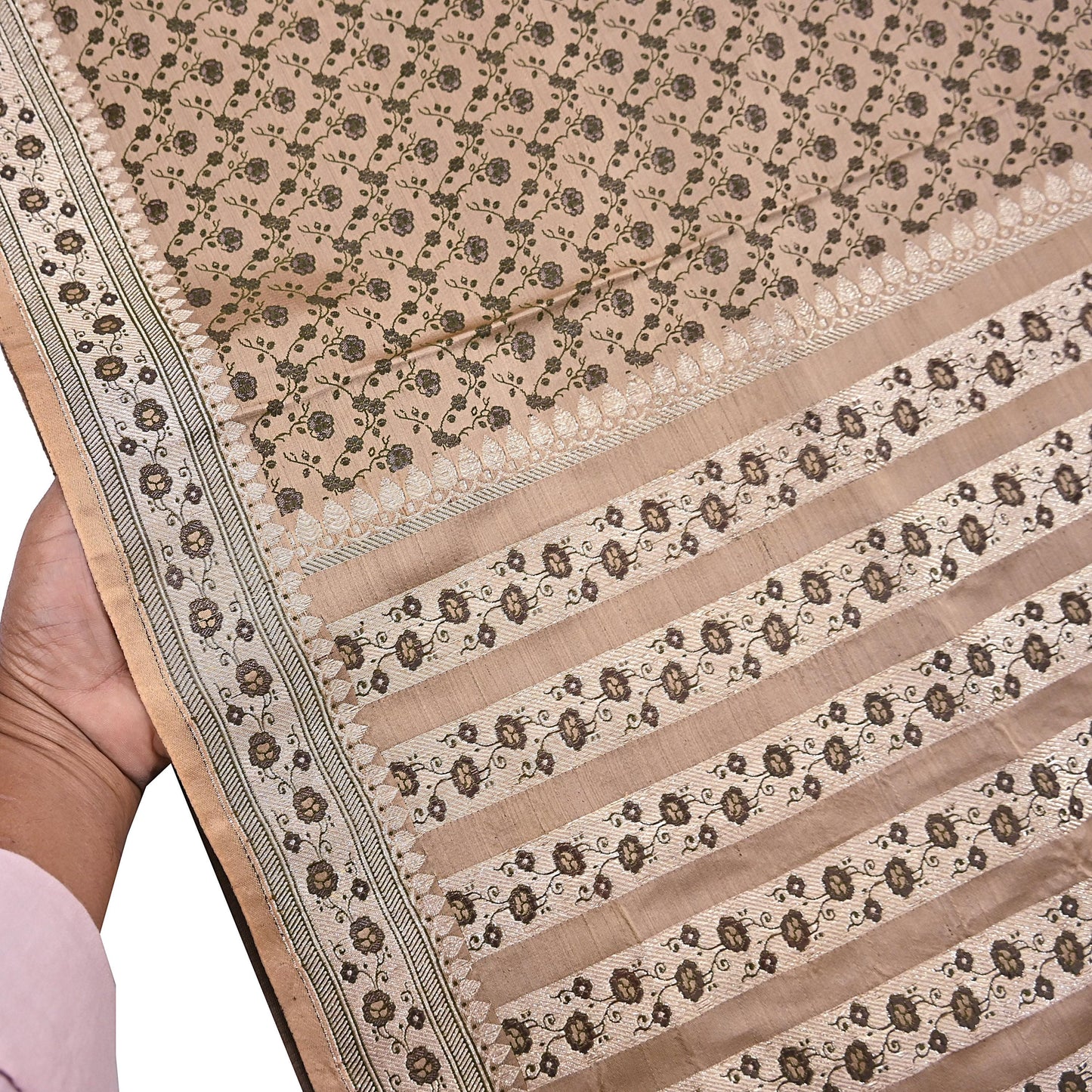 Indian Vintage Sari Beige Heavy Pure Silk Woven Banarasi Brocade Saree Fabric 5Yd Ethnic Dress making Crafting Bollywood Dress Designing