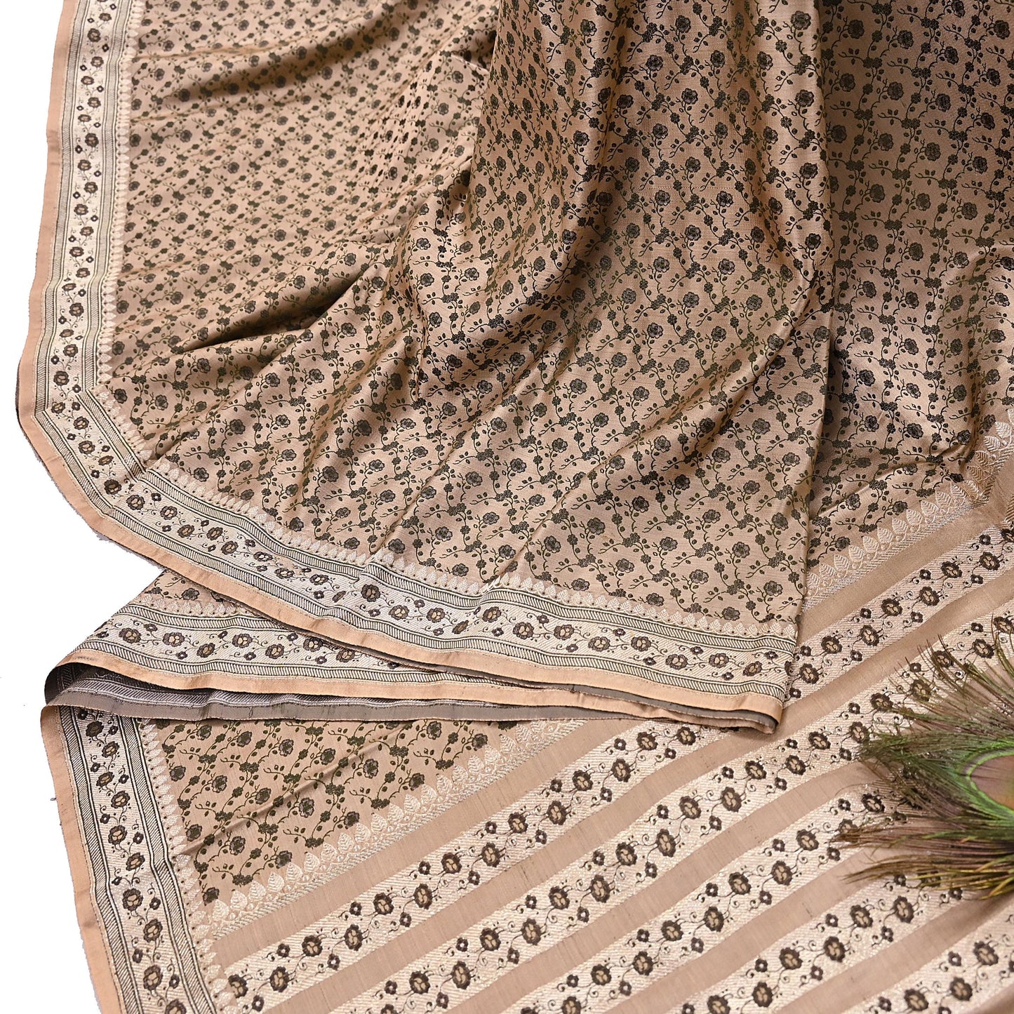 Indian Vintage Sari Beige Heavy Pure Silk Woven Banarasi Brocade Saree Fabric 5Yd Ethnic Dress making Crafting Bollywood Dress Designing