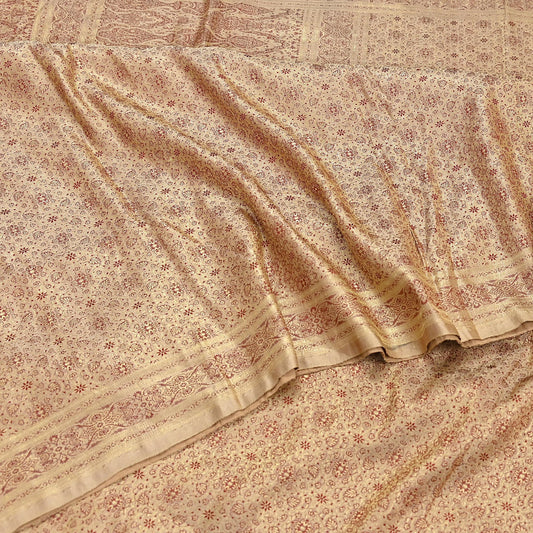 Indian Vintage Beige & Red Banarasi Brocade Saree Heavy Zari Woven Fabric 5 Yards Ideal for Crafting, Dressmaking Decor Quilting