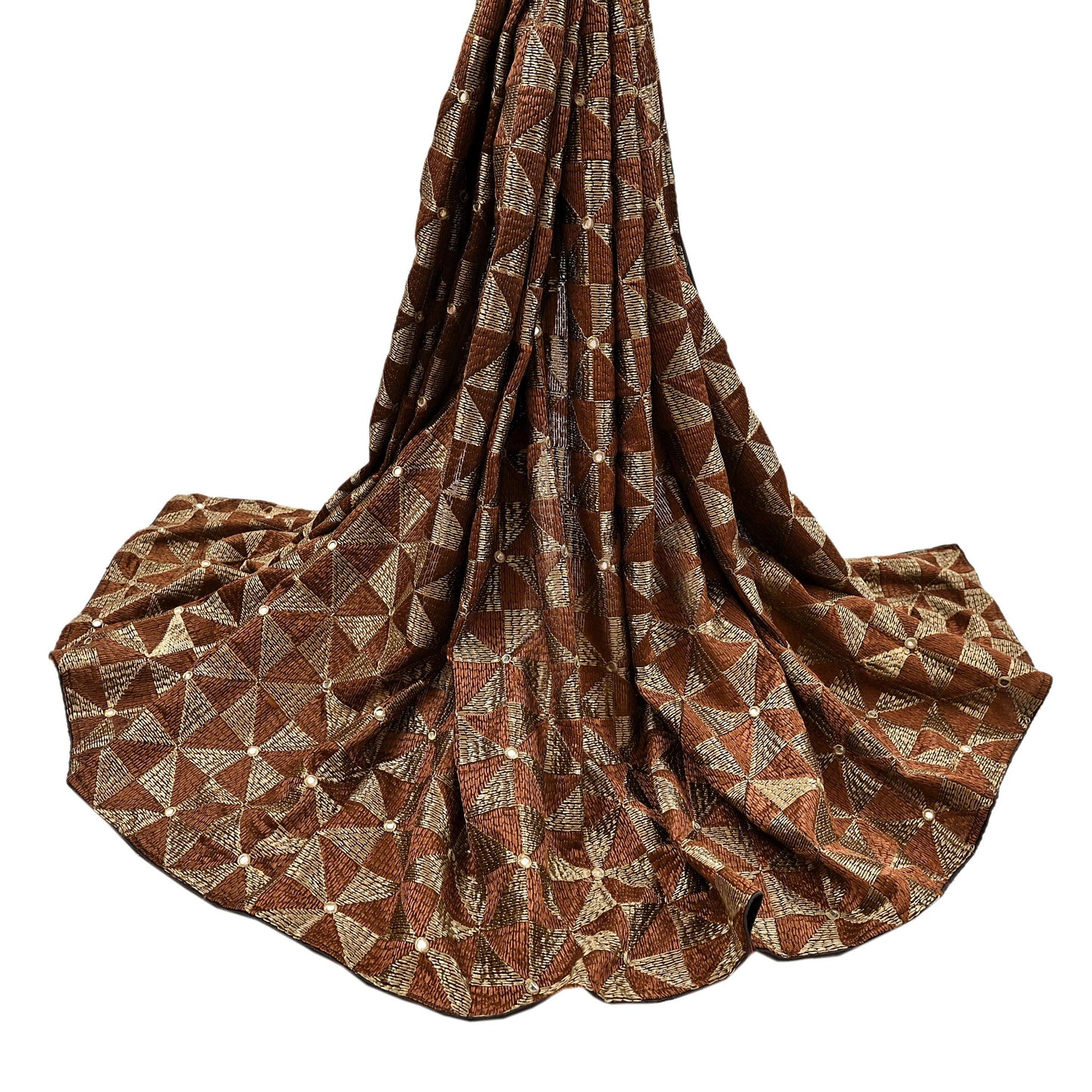 Indian Vintage Brown Heavy Dupatta Long Stole Chanderi Hand Embroidered Bagh Phulkari Stole Scarves Golden lace