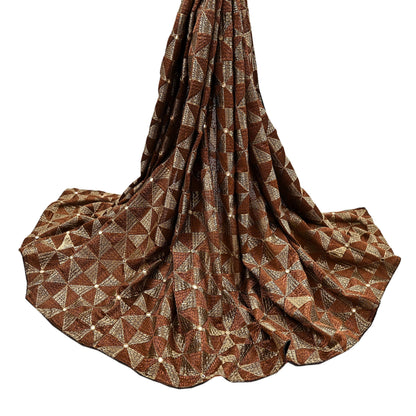 Indian Vintage Brown Heavy Dupatta Long Stole Chanderi Hand Embroidered Bagh Phulkari Stole Scarves Golden lace