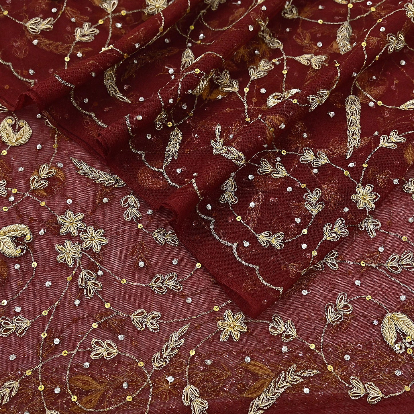 Indian Vintage Heavy Maroon Dupatta Net Mesh Long Stole Hand Embroidered Scarves Golden Zardozi Zari Sequins Stole