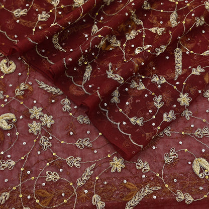 Indian Vintage Heavy Maroon Dupatta Net Mesh Long Stole Hand Embroidered Scarves Golden Zardozi Zari Sequins Stole