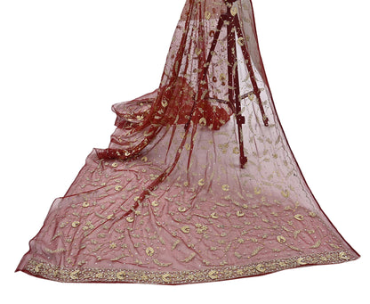 Indian Vintage Heavy Maroon Dupatta Net Mesh Long Stole Hand Embroidered Scarves Golden Zardozi Zari Sequins Stole