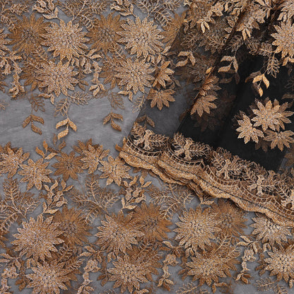 Indian Vintage Black Saree Net/Mesh Embroidered Sari Craft Fabric Floral 5Yd Zari Ethnic