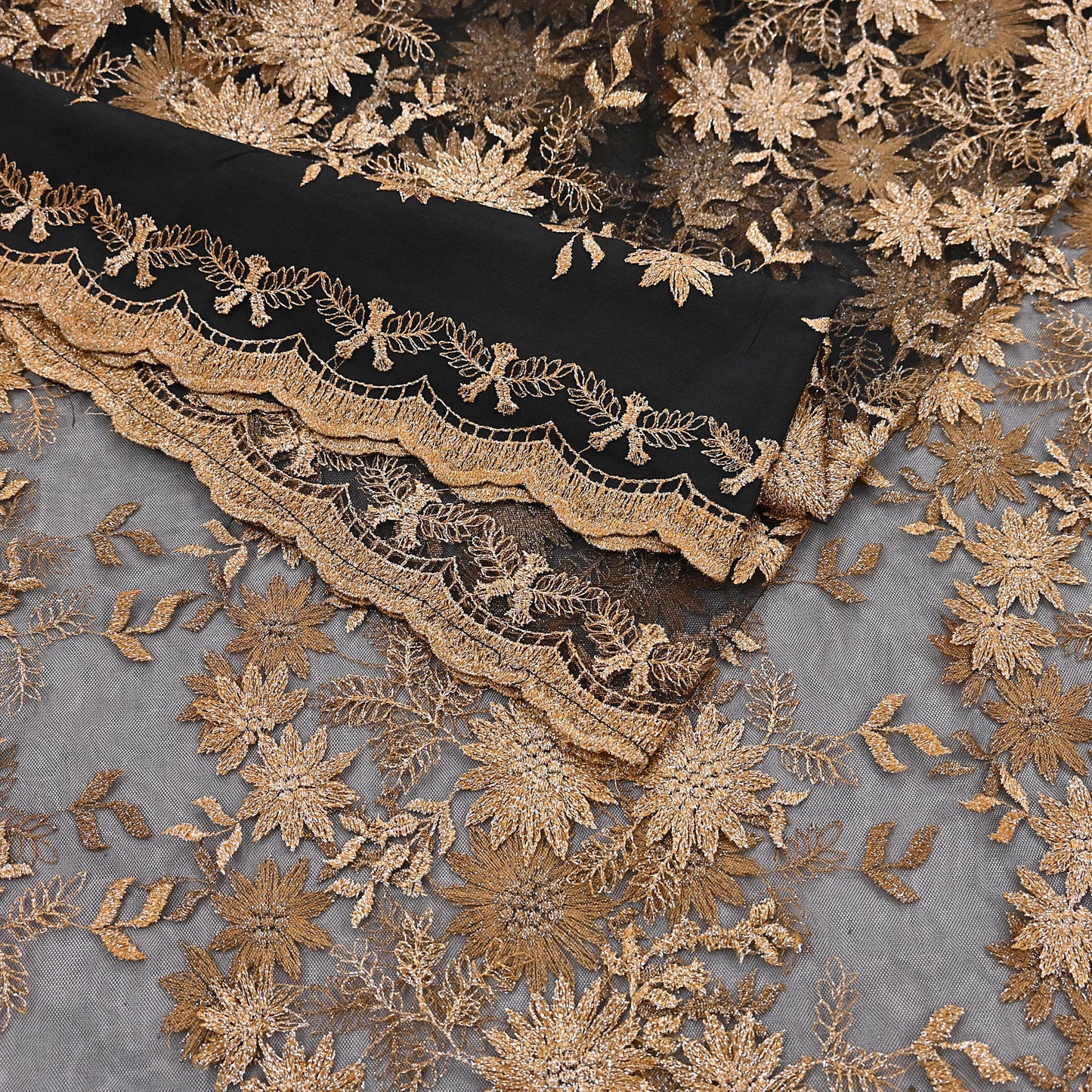 Indian Vintage Black Saree Net/Mesh Embroidered Sari Craft Fabric Floral 5Yd Zari Ethnic