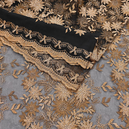 Indian Vintage Black Saree Net/Mesh Embroidered Sari Craft Fabric Floral 5Yd Zari Ethnic