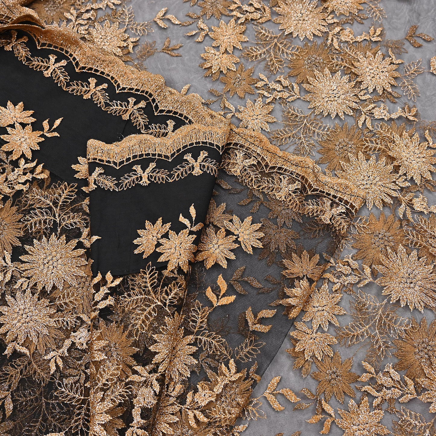 Indian Vintage Black Saree Net/Mesh Embroidered Sari Craft Fabric Floral 5Yd Zari Ethnic