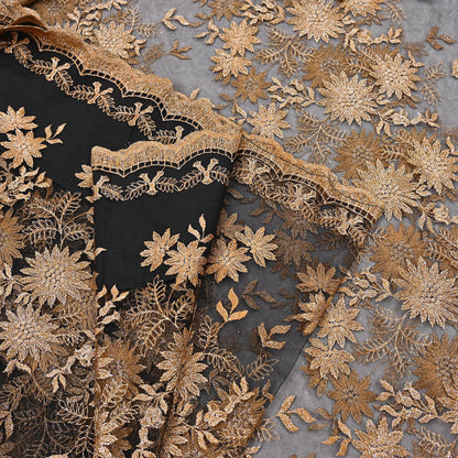 Indian Vintage Black Saree Net/Mesh Embroidered Sari Craft Fabric Floral 5Yd Zari Ethnic