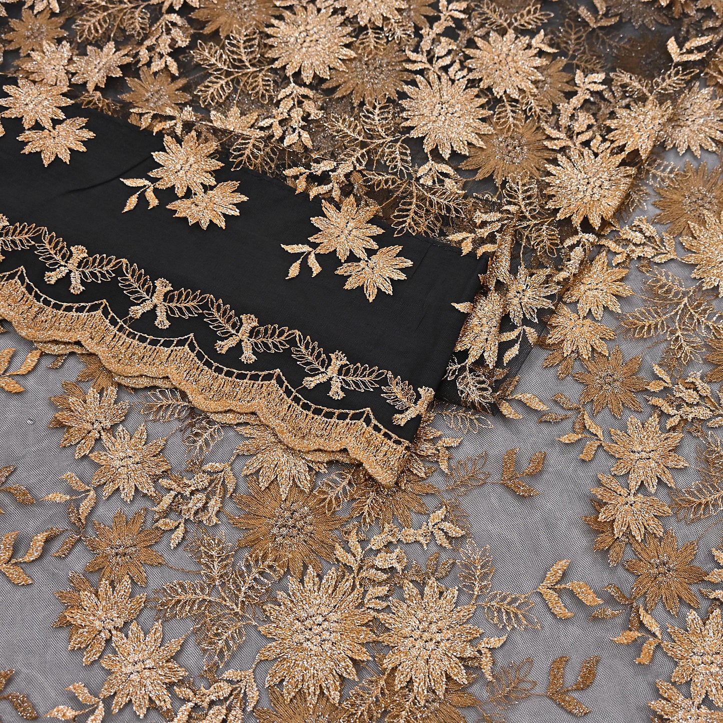 Indian Vintage Black Saree Net/Mesh Embroidered Sari Craft Fabric Floral 5Yd Zari Ethnic