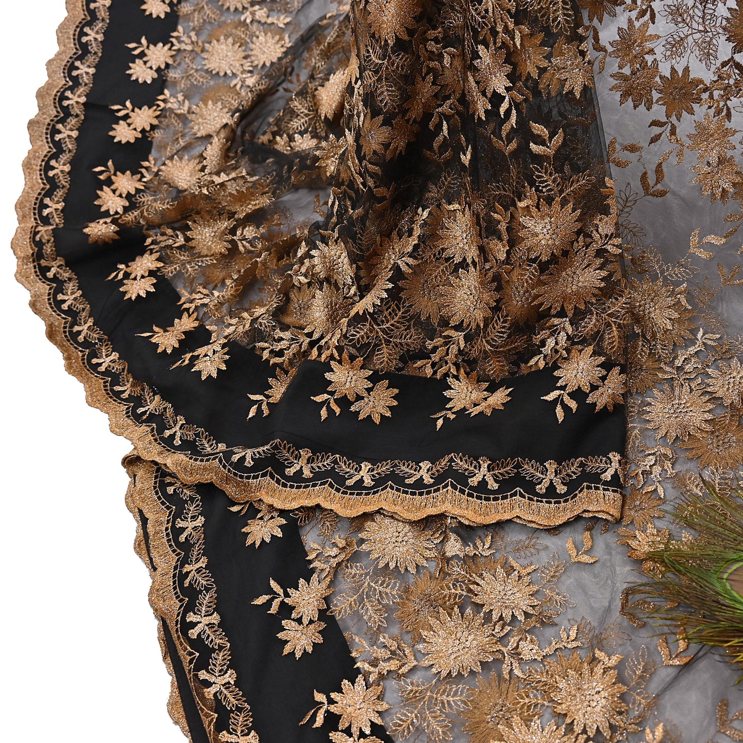 Indian Vintage Black Saree Net/Mesh Embroidered Sari Craft Fabric Floral 5Yd Zari Ethnic