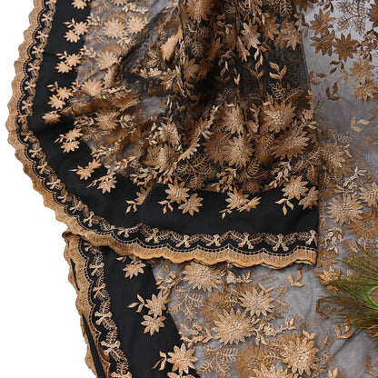 Indian Vintage Black Saree Net/Mesh Embroidered Sari Craft Fabric Floral 5Yd Zari Ethnic