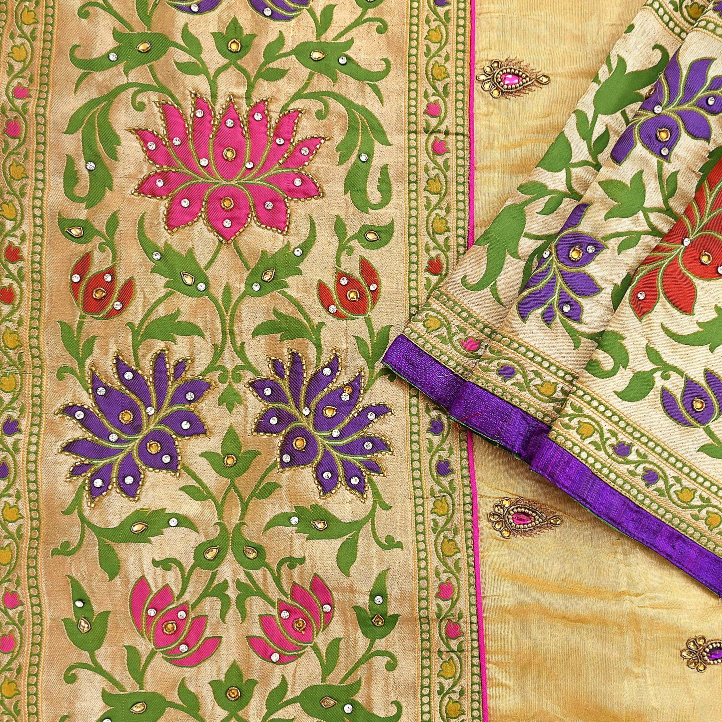 Indian Vintage Yellow Sarees Hand Embroidered Chanderi Sari Fabric 6Yd Sewing Ethnic Zardozi Zari Floral Dress making