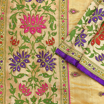 Indian Vintage Yellow Sarees Hand Embroidered Chanderi Sari Fabric 6Yd Sewing Ethnic Zardozi Zari Floral Dress making