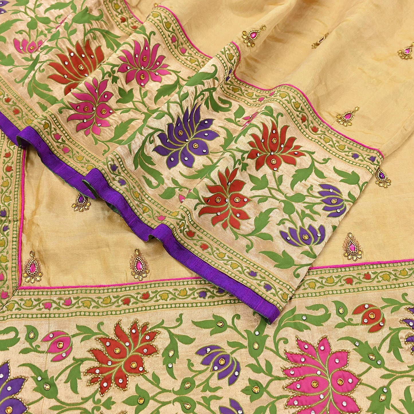 Indian Vintage Yellow Sarees Hand Embroidered Chanderi Sari Fabric 6Yd Sewing Ethnic Zardozi Zari Floral Dress making