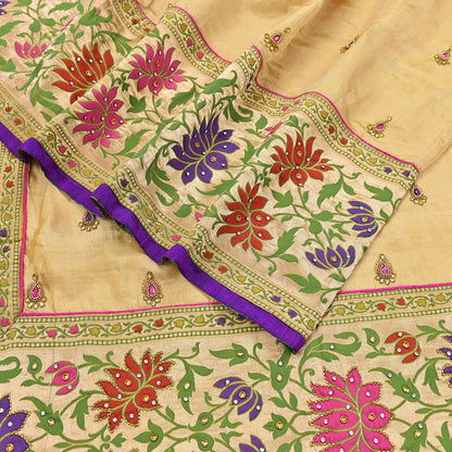 Indian Vintage Yellow Sarees Hand Embroidered Chanderi Sari Fabric 6Yd Sewing Ethnic Zardozi Zari Floral Dress making
