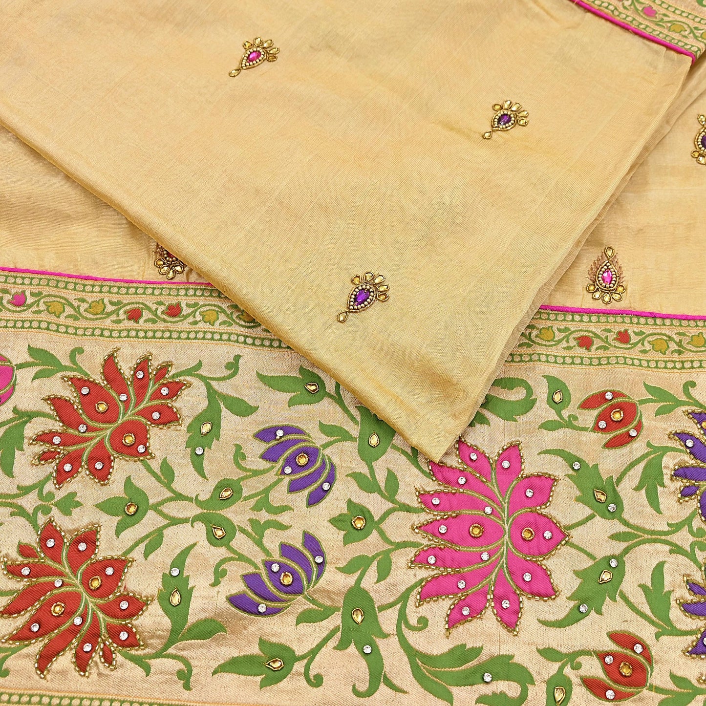 Indian Vintage Yellow Sarees Hand Embroidered Chanderi Sari Fabric 6Yd Sewing Ethnic Zardozi Zari Floral Dress making