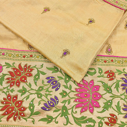 Indian Vintage Yellow Sarees Hand Embroidered Chanderi Sari Fabric 6Yd Sewing Ethnic Zardozi Zari Floral Dress making