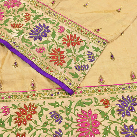 Indian Vintage Yellow Sarees Hand Embroidered Chanderi Sari Fabric 6Yd Sewing Ethnic Zardozi Zari Floral Dress making