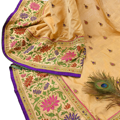 Indian Vintage Yellow Sarees Hand Embroidered Chanderi Sari Fabric 6Yd Sewing Ethnic Zardozi Zari Floral Dress making