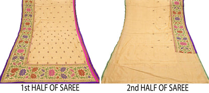 Indian Vintage Yellow Sarees Hand Embroidered Chanderi Sari Fabric 6Yd Sewing Ethnic Zardozi Zari Floral Dress making