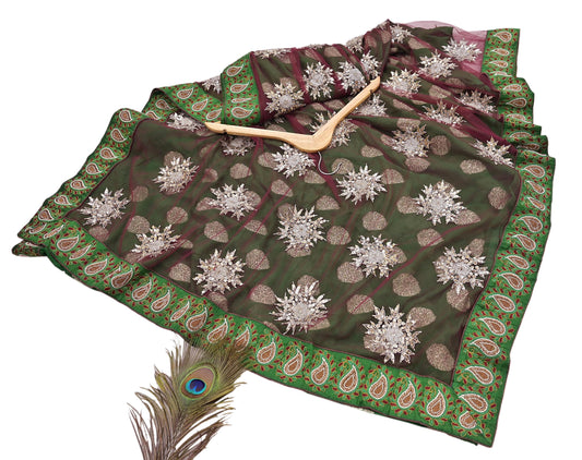 Vintage Maroon & Green Net Designer Sabyasachi Style Saree Zardozi Dabka Zari Wedding Ethnic Bridal Sari