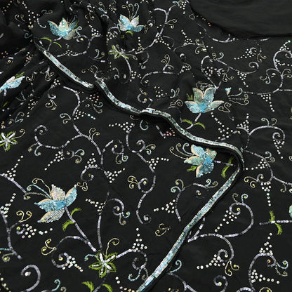 Indian Vintage Black Saree Pure Crepe Silk Hand Embroidered Sari Craft Fabric 5Yd Sewing Soft Zardozi/Dabka Sequins Wedding/Bridal Sarees