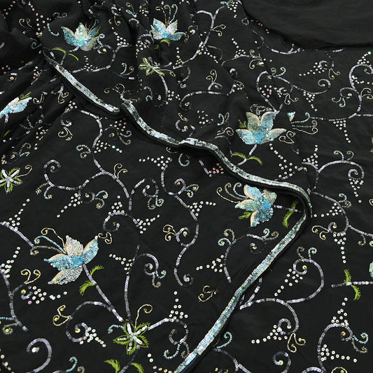 Indian Vintage Black Saree Pure Crepe Silk Hand Embroidered Sari Craft Fabric 5Yd Sewing Soft Zardozi/Dabka Sequins Wedding/Bridal Sarees