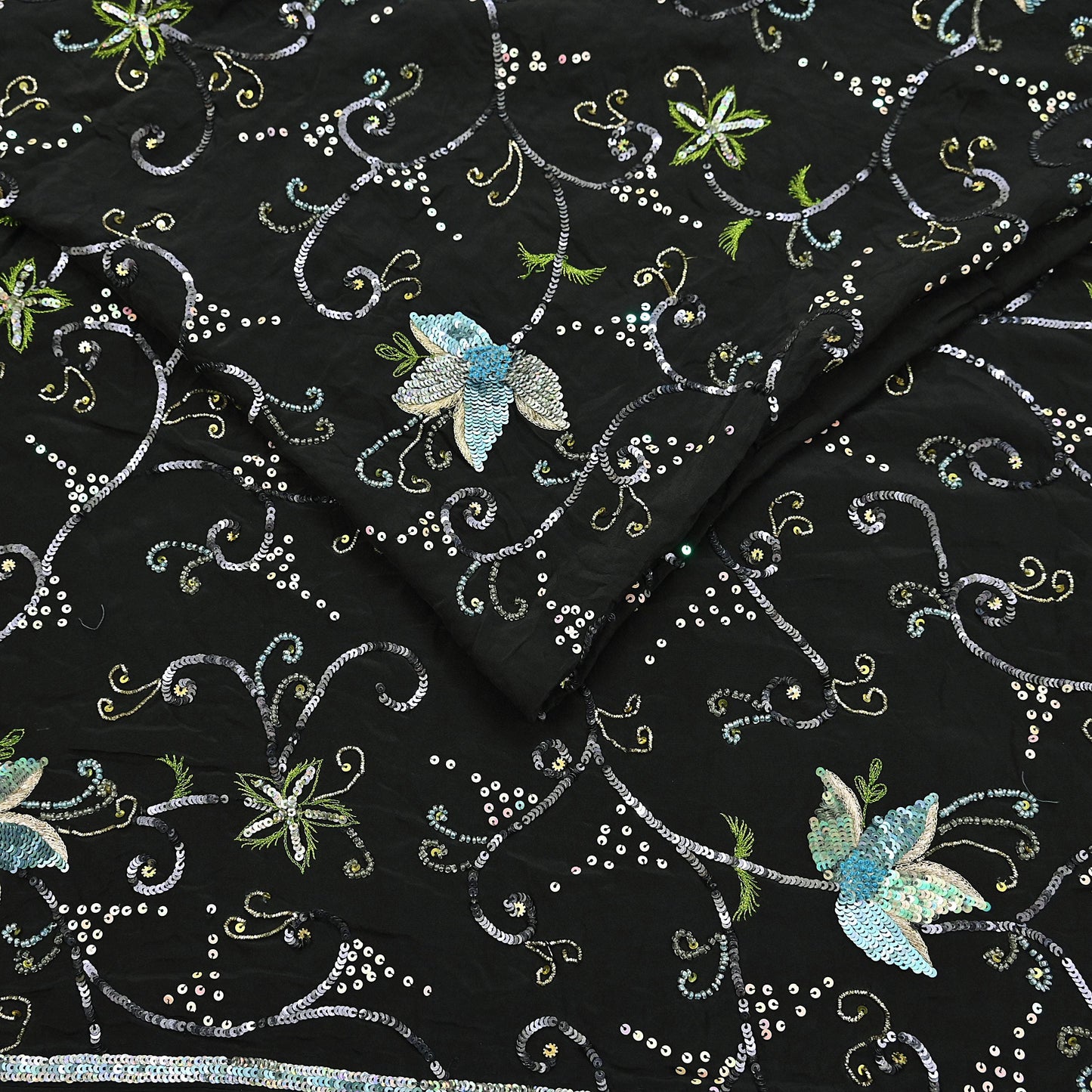 Indian Vintage Black Saree Pure Crepe Silk Hand Embroidered Sari Craft Fabric 5Yd Sewing Soft Zardozi/Dabka Sequins Wedding/Bridal Sarees