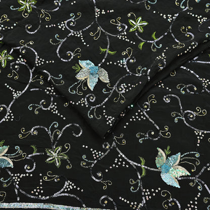 Indian Vintage Black Saree Pure Crepe Silk Hand Embroidered Sari Craft Fabric 5Yd Sewing Soft Zardozi/Dabka Sequins Wedding/Bridal Sarees