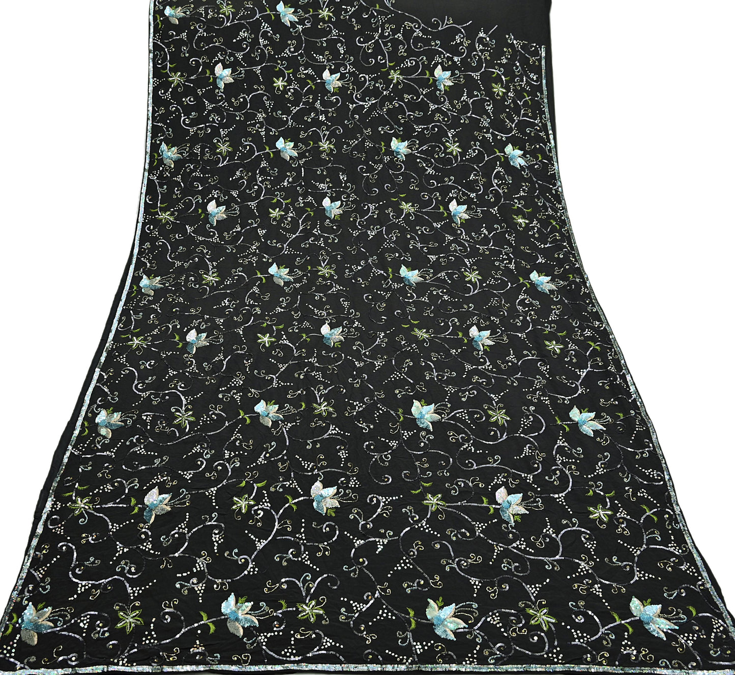 Indian Vintage Black Saree Pure Crepe Silk Hand Embroidered Sari Craft Fabric 5Yd Sewing Soft Zardozi/Dabka Sequins Wedding/Bridal Sarees