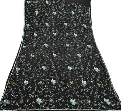 Indian Vintage Black Saree Pure Crepe Silk Hand Embroidered Sari Craft Fabric 5Yd Sewing Soft Zardozi/Dabka Sequins Wedding/Bridal Sarees
