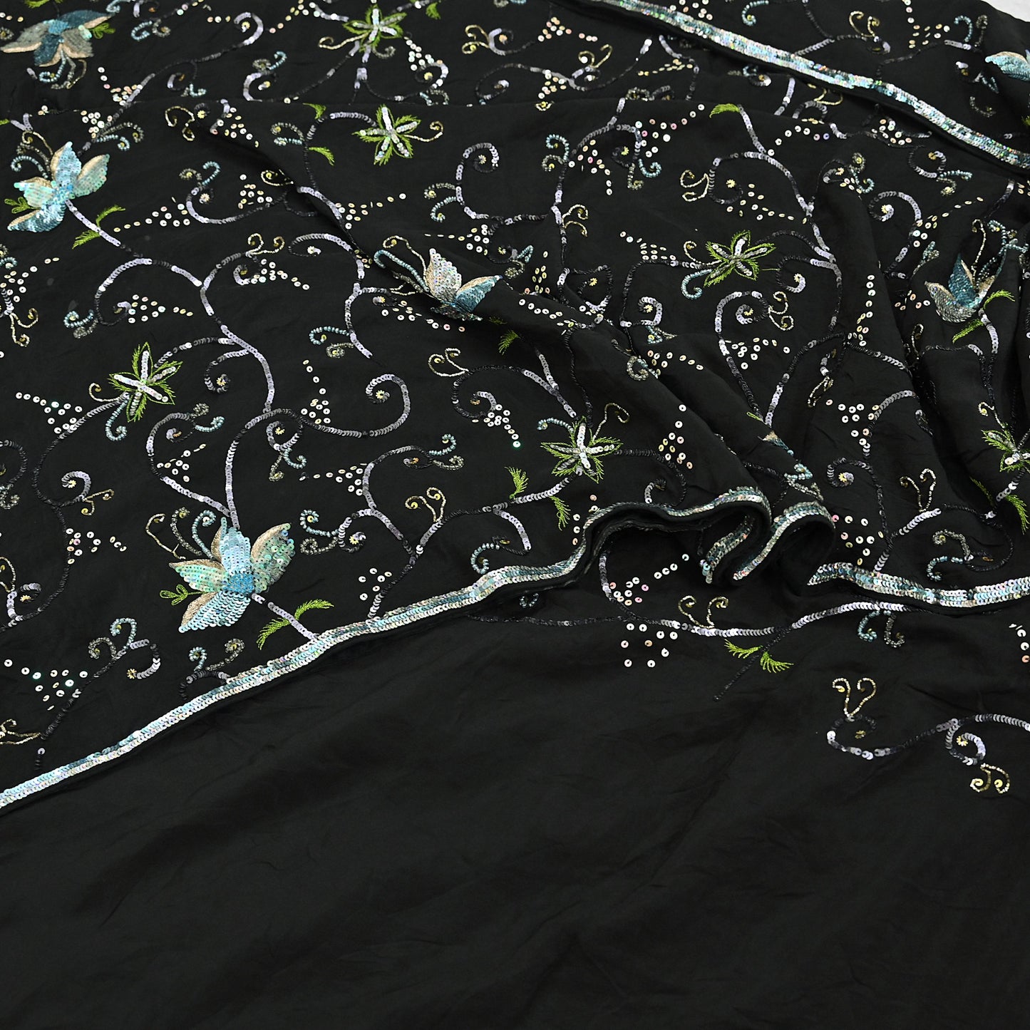 Indian Vintage Black Saree Pure Crepe Silk Hand Embroidered Sari Craft Fabric 5Yd Sewing Soft Zardozi/Dabka Sequins Wedding/Bridal Sarees