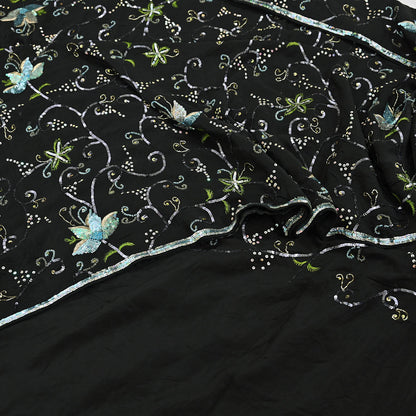 Indian Vintage Black Saree Pure Crepe Silk Hand Embroidered Sari Craft Fabric 5Yd Sewing Soft Zardozi/Dabka Sequins Wedding/Bridal Sarees